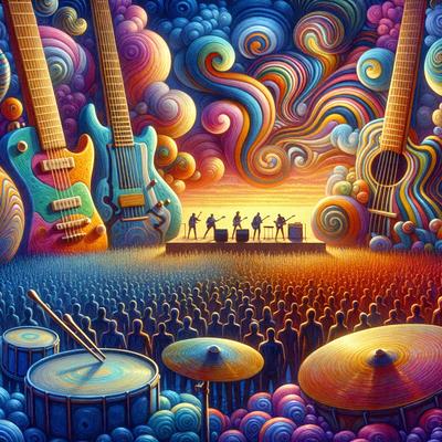 The primary subject of the image is a group of people playing musical instruments on stage. There are five people in total, with four of them holding guitars and one of them holding a drum. The setting is a stage with a backdrop of a colorful sky, creating a vibrant and lively atmosphere. The visual style of the image is a combination of digital art and illustration, with the use of vivid colors and intricate details. The overall mood of the image is energetic and dynamic, capturing the
